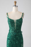 Dark Green Mermaid Spaghetti Straps Long Prom Dress with Appliques