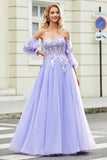 Gorgeous Lavender A Line Off the Shoulder Corset Prom Dress with Appliques