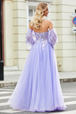 Gorgeous Lavender A Line Off the Shoulder Corset Prom Dress with Appliques