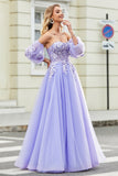 Gorgeous Lavender A Line Off the Shoulder Corset Prom Dress with Appliques