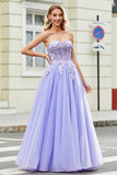 Gorgeous Lavender A Line Off the Shoulder Corset Prom Dress with Appliques