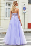 Gorgeous Lavender A Line Off the Shoulder Corset Prom Dress with Appliques