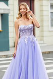 Gorgeous Lavender A Line Off the Shoulder Corset Prom Dress with Appliques