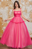 Princess Fuchsia A Line Spaghetti Straps Long Prom Dress with Ruffles