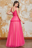 Princess Fuchsia A Line Spaghetti Straps Long Prom Dress with Ruffles