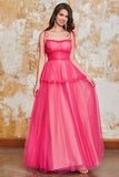 Princess Fuchsia A Line Spaghetti Straps Long Prom Dress with Ruffles