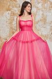 Princess Fuchsia A Line Spaghetti Straps Long Prom Dress with Ruffles