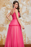 Princess Fuchsia A Line Spaghetti Straps Long Prom Dress with Ruffles