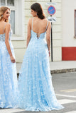 Charming Sky Blue A Line Spaghetti Straps Prom Dress with Split Front