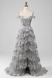 Grey A-Line Off the Shoulder Sparkly Tiered Prom Dress with Slit