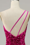 Fuchsia Sheath One Shoulder Sequin Mermaid Prom Dress