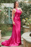 Fuchsia Mermaid One Shoulder Long Satin Prom Dress