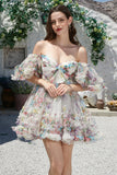 Trendy A-Line Ivory Floral Printed Short Tulle Homecoming Dress with Bow