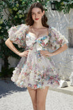 Trendy A-Line Ivory Floral Printed Short Tulle Homecoming Dress with Bow