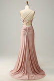 Blush Mermaid Spaghetti Straps Long Prom Dress with Beading