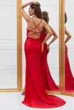 Red Mermaid Spaghetti Straps Long Prom Dress with Criss Cross Back