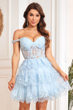 Cute A Line Corset Tiered Short Dark Blue Homecoming Dress with Lace