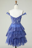 Cute A Line Corset Tiered Short Dark Blue Homecoming Dress with Lace