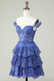 Cute A Line Corset Tiered Short Dark Blue Homecoming Dress with Lace