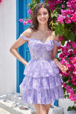 A Line Off the Shoulder Purple Corset Short Homecoming Dress with Lace