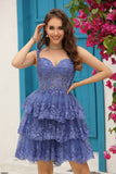 A Line Off the Shoulder Purple Corset Short Homecoming Dress with Lace