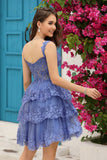 A Line Off the Shoulder Purple Corset Short Homecoming Dress with Lace