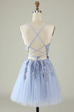 A Line Spaghetti Straps Grey Blue Short Homecoming Dress with Appliques