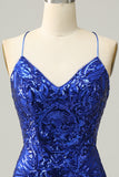 Sheath Spaghetti Straps Royal Blue Sequins Short Homecoming Dress