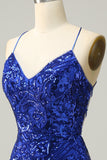 Sheath Spaghetti Straps Royal Blue Sequins Short Homecoming Dress