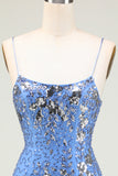 Sparkly Sheath Grey Blue Sequins Short Homecoming Dress with Criss Cross Back