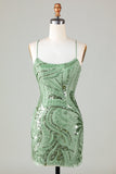 Sparkly Green Sheath Sequin Short Homecoming Dress with Criss Cross Back