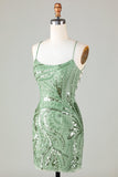 Sparkly Green Sheath Sequin Short Homecoming Dress with Criss Cross Back