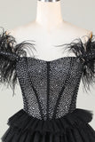 Sparkly Black A-Line Beaded Corset Short Homecoming Dress with Feathers