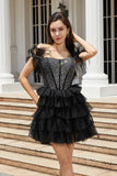 Sparkly Black A-Line Beaded Corset Short Homecoming Dress with Feathers