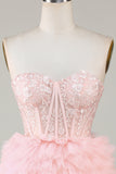 Trendy A Line Sweetheart Tiered Pink Short Homecoming Dress with Ruffles