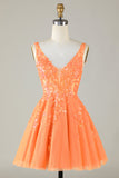 Glitter Orange A Line V Neck Sequins Short Homecoming Dress