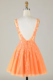 Glitter Orange A Line V Neck Sequins Short Homecoming Dress