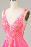 Sparkly Fuchsia Sequined V Neck Backless Short Homecoming Dress