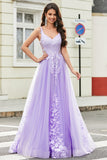 Gorgeous Lilac A Line Spaghetti Straps Tulle Long Prom Dress with Appliques