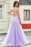 Gorgeous Lilac A Line Spaghetti Straps Tulle Long Prom Dress with Appliques