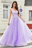 Gorgeous Lilac A Line Spaghetti Straps Tulle Long Prom Dress with Appliques