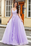 Gorgeous Lilac A Line Spaghetti Straps Tulle Long Prom Dress with Appliques