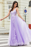 Gorgeous Lilac A Line Spaghetti Straps Tulle Long Prom Dress with Appliques