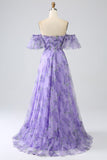 Lavender A Line Off the Shoulder Printed Prom Dress with Removable Sleeves