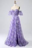 Lavender A Line Off the Shoulder Printed Prom Dress with Removable Sleeves