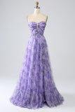 Lavender A Line Off the Shoulder Printed Prom Dress with Removable Sleeves