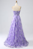 Lavender A Line Off the Shoulder Printed Prom Dress with Removable Sleeves