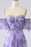 Lavender A Line Off the Shoulder Printed Prom Dress with Removable Sleeves