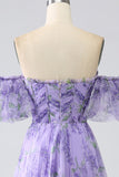 Lavender A Line Off the Shoulder Printed Prom Dress with Removable Sleeves