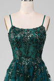 Dark Green A Line Spaghetti Straps Sparkly Prom Dress with Slit